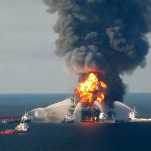 Image: Fire boats battle the blazing remnants of the down shore oil rig Deepwater Horizon, off Louisiana, on April 21, 2010.