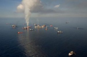 The Gulf in flames as relief teams experimented with corral oil on area and burn it. Picture credit: © Carrie Vonderhaar, Ocean Futures Society