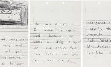 Three pages of a 1989 page and otter attracting from second grader Kelli Middlestead towards Exxon Valdez oil spill's impacts on sea otters.